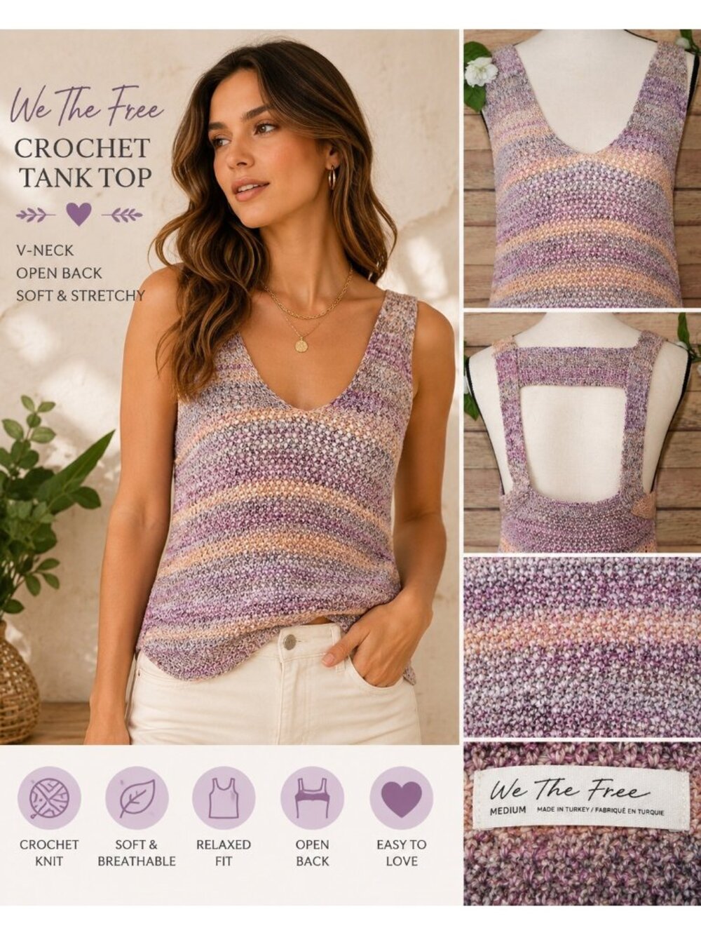 We The Free Crochet Tank Top Medium Purple Lavender Multicolor Open Back